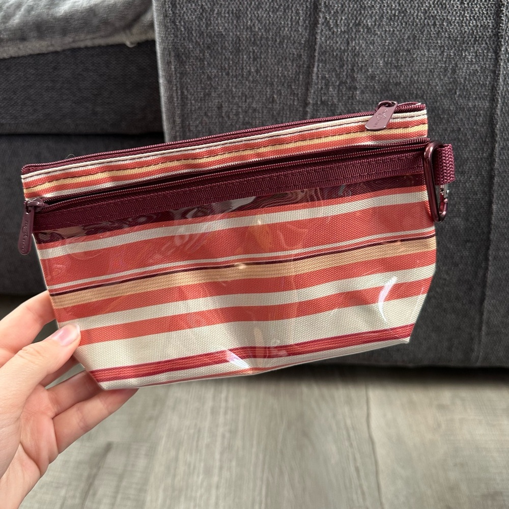 Striped Cosmetic Pouch - Red and Beige